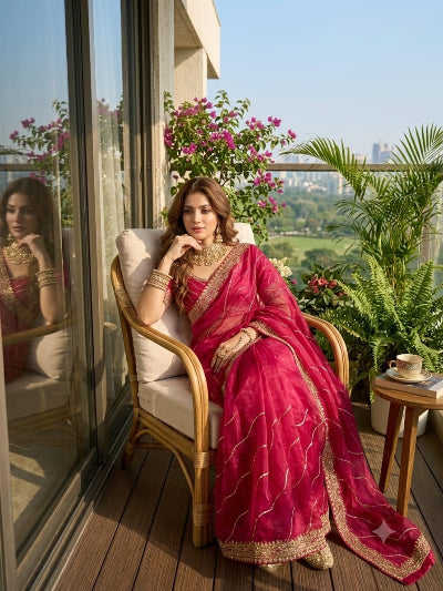 Alaya Hot Pink Tissue Silk Pre-pleated Ready to Wear Saree with Stitched Blouse