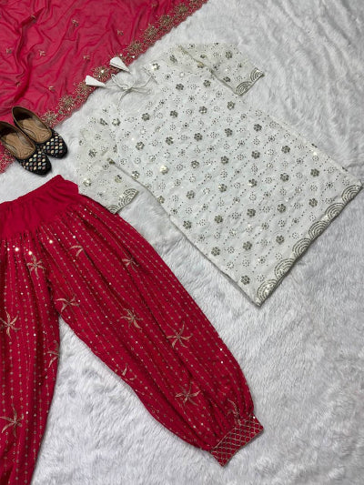 Fuchsia Pink &amp; White Embroidery Punjabi Patiyala Set UK Next Day