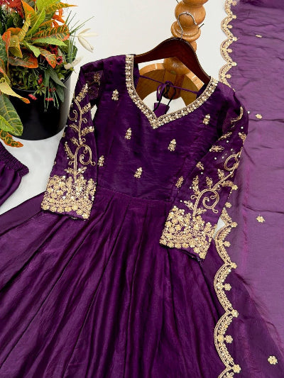 Plum Purple Tissue silk Embroidery &amp; Sequin Work Anarkali Gown Suit