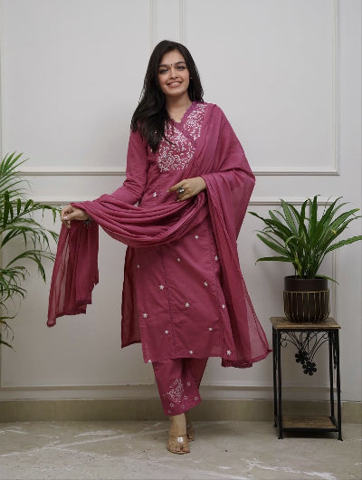 Pink Cotton Floral Embroidery Salwar Suit UK Next Day