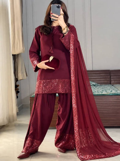 Maroon Crepe Silk Embroidered Farshi Suit Set