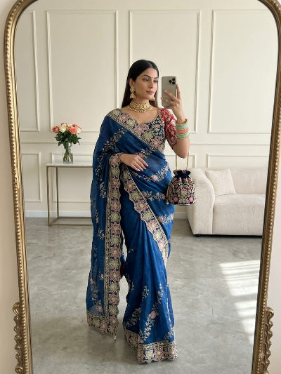 Teal Blue Silk Embroidery Work Ready to Wear Saree with Stitched Blouse