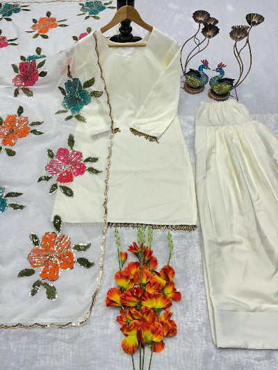 Ivory Cream Crepe Farshi Suit Set with Floral Organza Dupatta