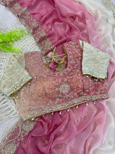 Blush Pink &amp; White Pre-pleated Ready to Wear Saree with Embroidered Stitched Blouse