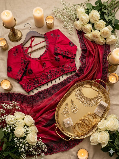 Red Embroidered Chiffon Silk Ready to Wear Saree with Stitched Blouse for Women