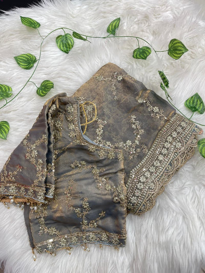 Taupe Gold Embroidered Ready to Wear Saree with Free Stitched Blouse