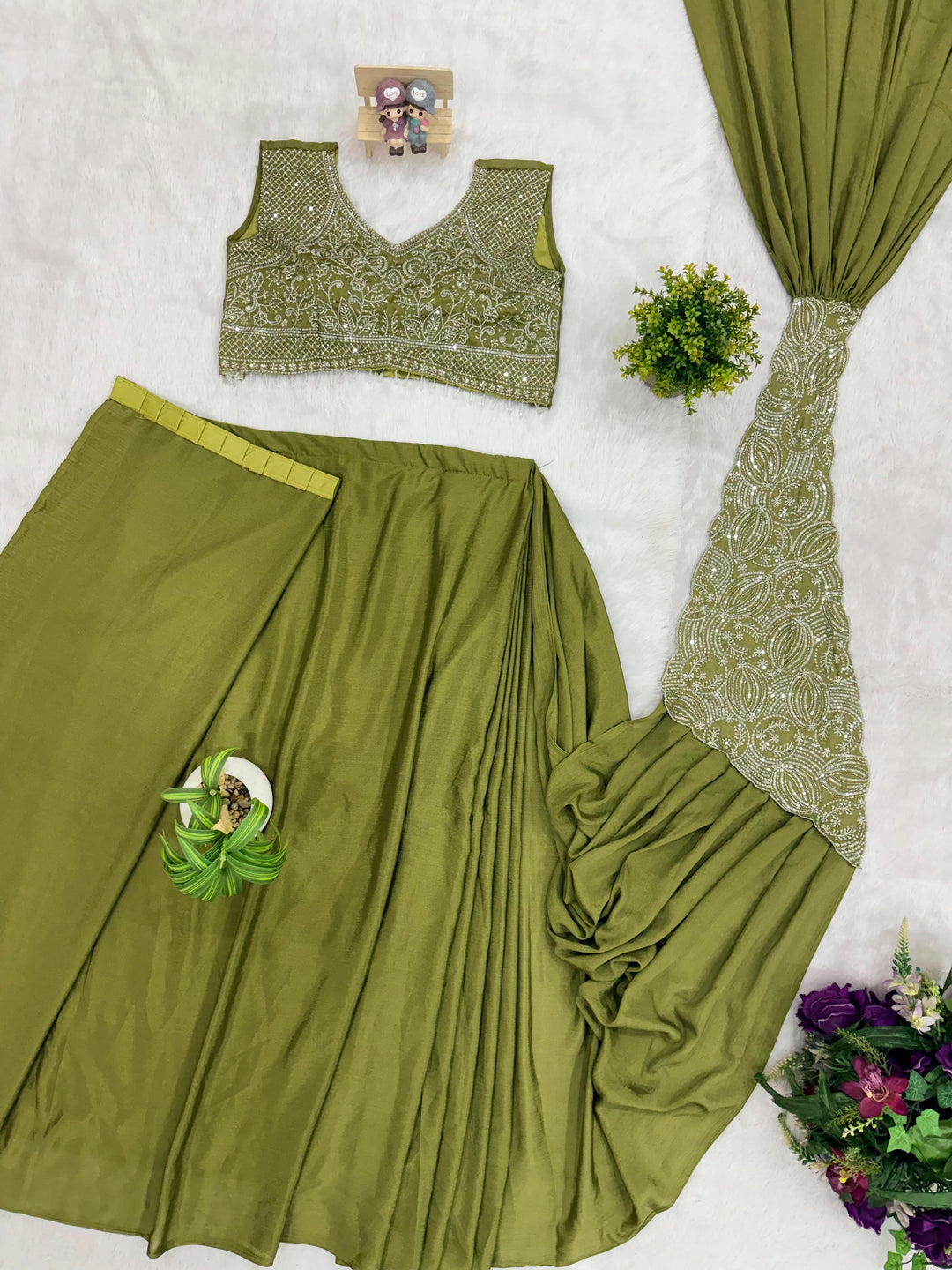Olive Green Ready to Wear Drape Saree Embroidered Blouse