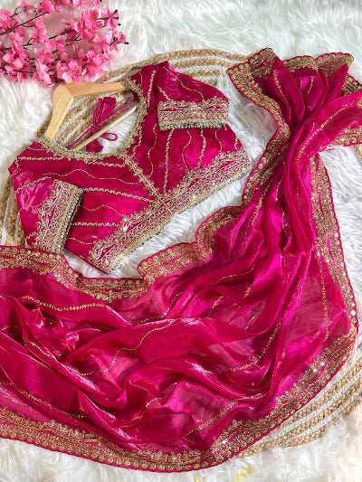 Alaya Hot Pink Tissue Silk Pre-pleated Ready to Wear Saree with Stitched Blouse