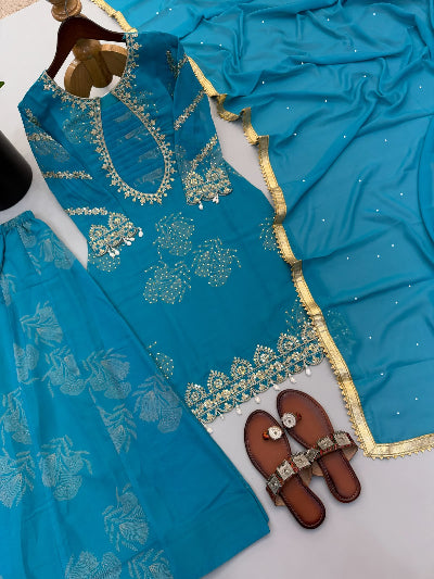 Peacock Blue Embroidery Sequins Work Sharara Suit for Women