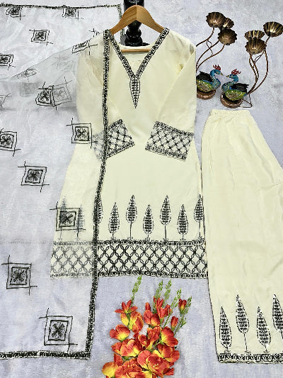 Creamy White Embroidered Farshi Suit with Organza Dupatta