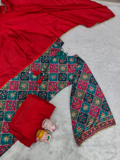Teal &amp; Red Plus Size Chinon Silk Sharara Suit Set with Aari Mirror Work