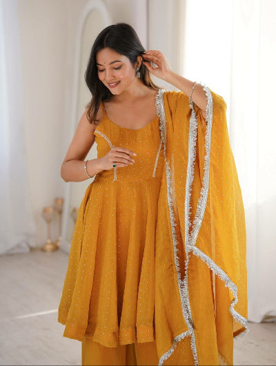 Mustard Yellow Sleeveless Peplum Kurti Sharara Dupatta Set