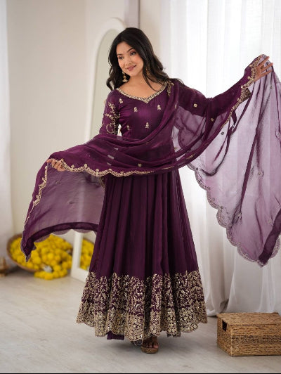 Plum Purple Tissue silk Embroidery &amp; Sequin Work Anarkali Gown Suit