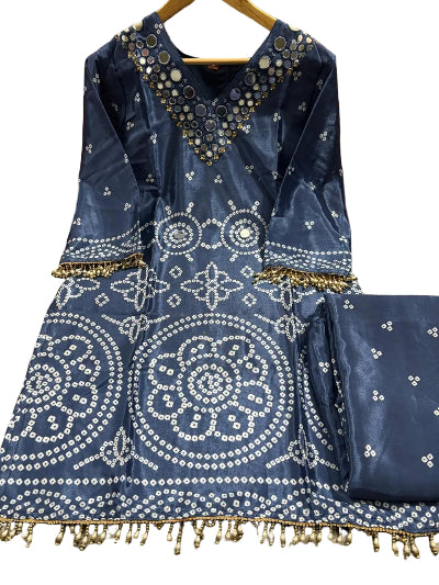 Designer Bandhani Chinon Silk Coord Set with Mirror Work