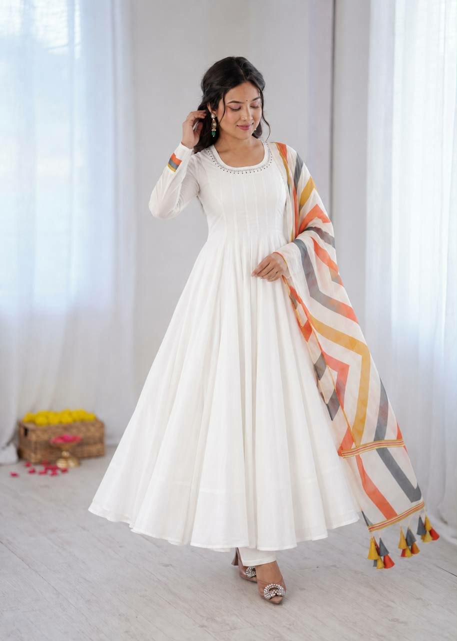 White Embroidered Mal Cotton Anarkali Suit with Multicolour Dupatta