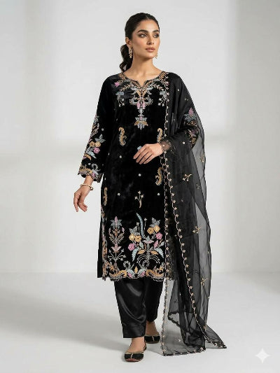Black Embroidered Glass Roman Silk Straight Suit for Women