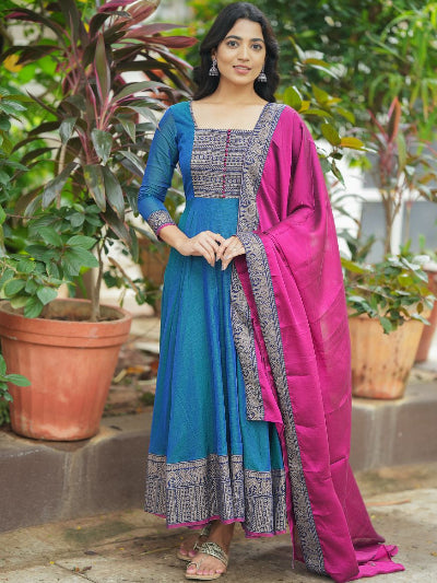 Blue Pink South Fahion Anarkali Dupatta Set Of 2
