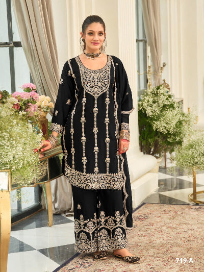 Plus Size Embroidered Zari Work Chinon Palazzo Suit Set