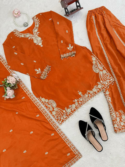 Orange Intricate Sequence Work Sharara Palazzo Suit