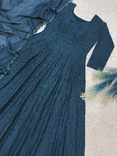 Teal Blue Georgette Embroidered Gown Dupatta Set Of 2