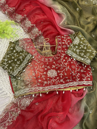 Red &amp; Olive Pre-pleated Ready to Wear Saree with Embroidered Stitched Blouse