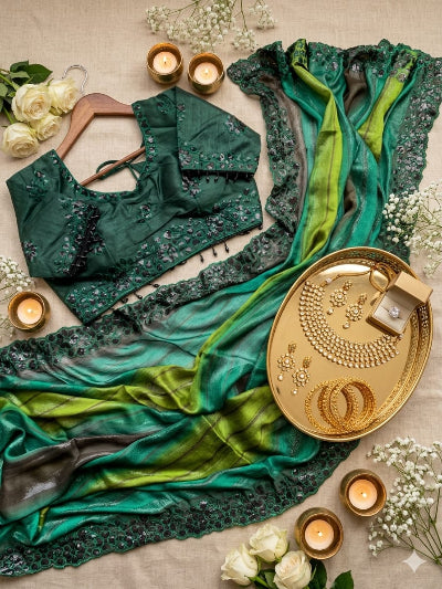 Teal Green Embroidered Chiffon Silk Ready to Wear Saree with Stitched Blouse for Women