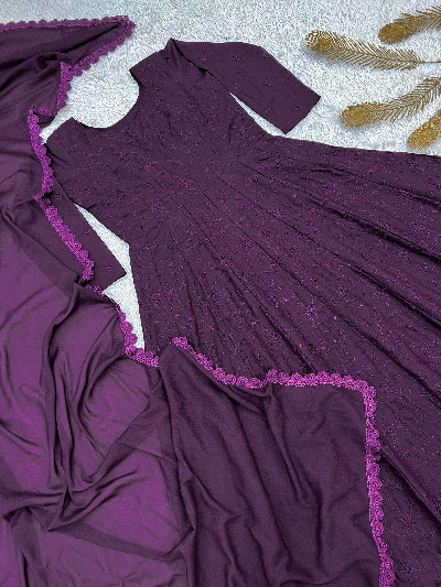 Deep Purple Georgette Embroidered Gown Dupatta Set Of 2
