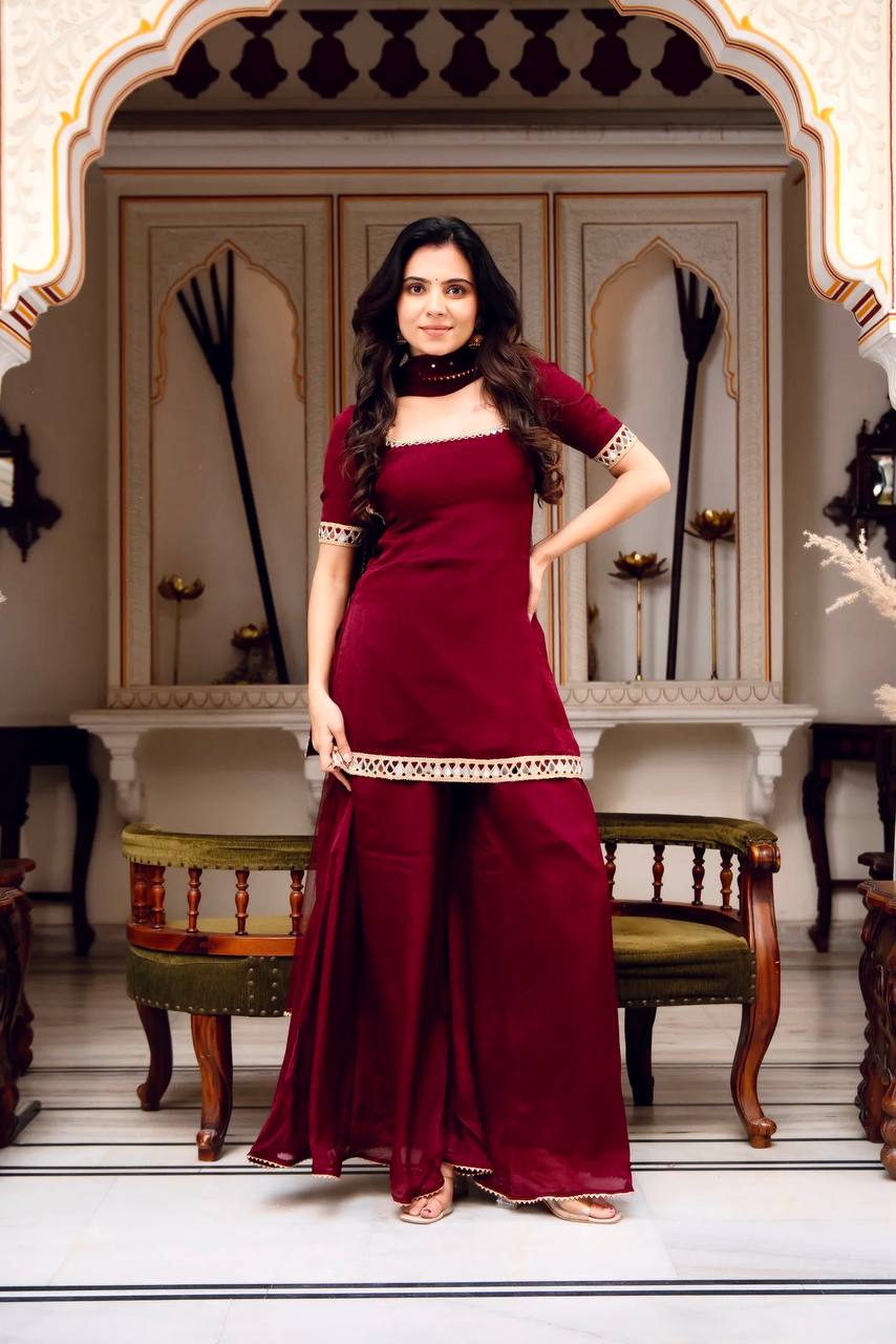 Classic Red Georgette Mirror Work Sharara Palazzo Set