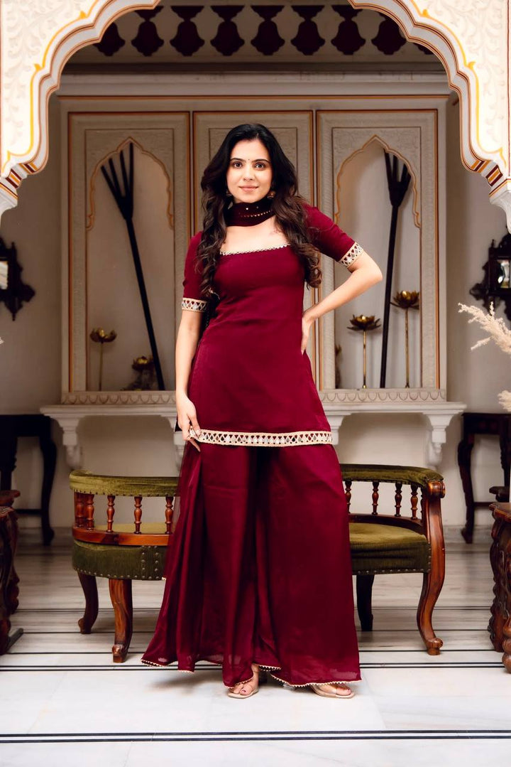 Classic Red Georgette Mirror Work Sharara Palazzo Set
