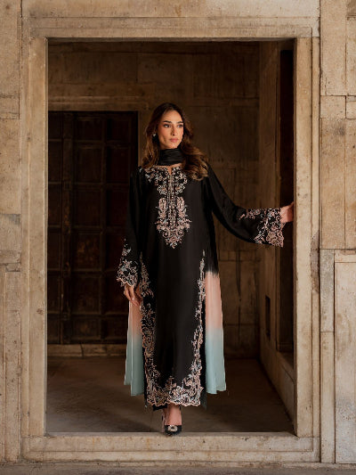 Designer Satin Rayon Straight Suit with Embroidered Cutwork &amp; Shaded Dupatta