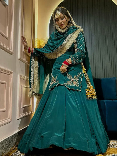 Teal Green Embroidery Sequins Kurti Skirt Dupatta Set