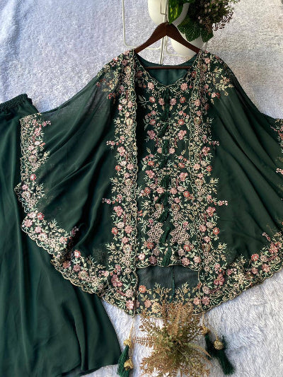 Party Wear Cape Style Suit Set with Sequence Work