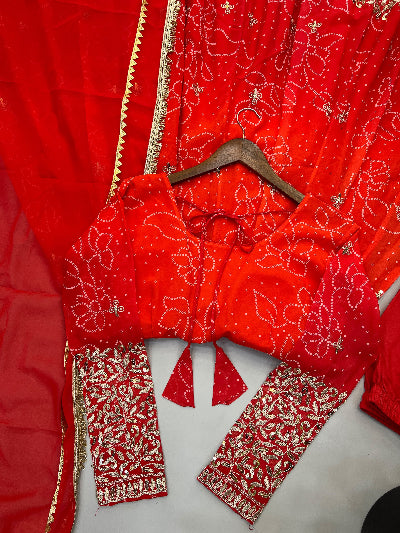 Red Orange Ombre Embroidered Anarkali Gown Set