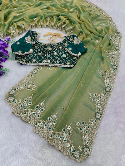 Sage Green Chiffon Silk Pre-pleated Ready to Wear Saree with Stitched Blouse