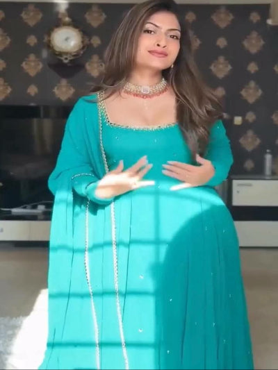 Turquoise Blue Georgette Real Mirror Work Anarkali Suit Set