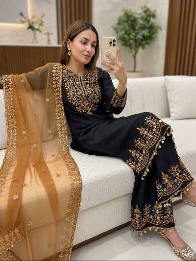 Black &amp; Gold Zari Embroidery Work Straight Suit