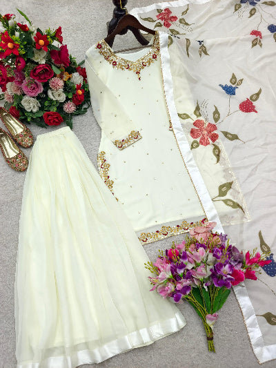 White Georgette Embroidery Sharara Suit with Floral Dupatta