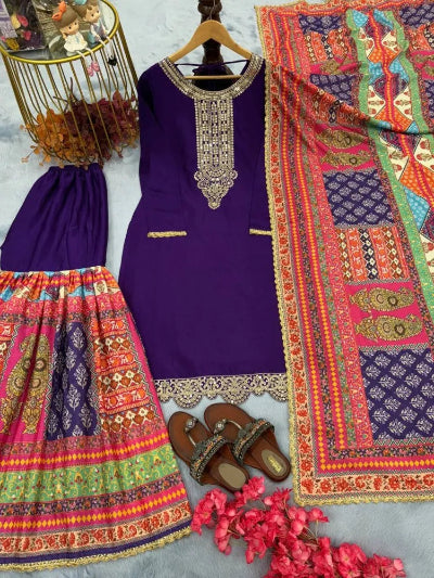 Purple Multicolour Chinon Silk Sharara Suit for Women UK Next Day