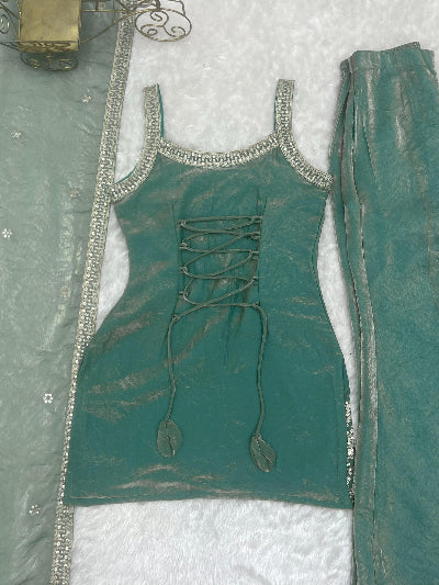 Ice Blue Silk Sleeveless Kurta Bell Bottom Pant &amp; Dupatta