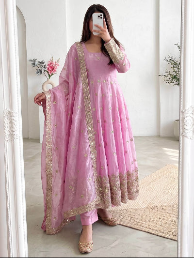 Soft Baby Pink Gold Embroidered Women&