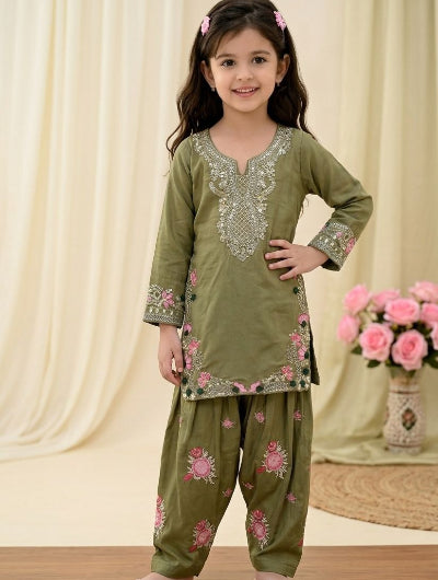Mehendi Green Floral Kids Embroidered Punjabi Suit