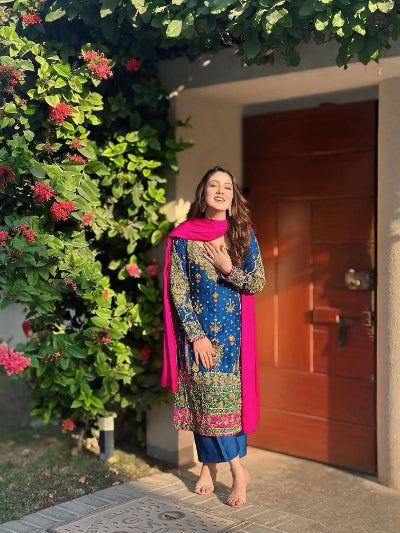 Peacock Blue Pink Sequins Embroidered Straight Suit