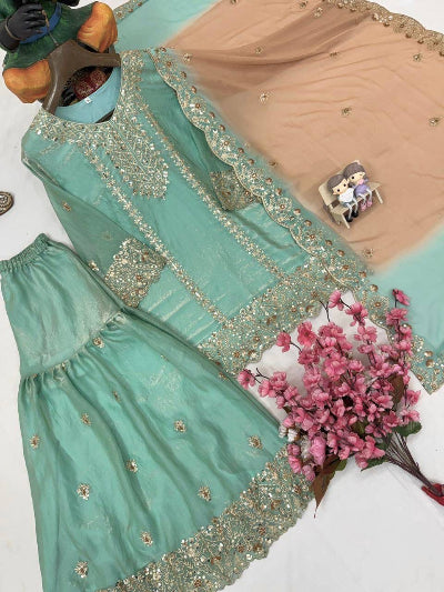 Aqua Blue Embroidered Fendi Silk Gharara Suit Set