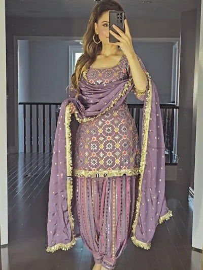 Lilac Chinon Silk Traditional Punjabi Patiyala Suit UK Next Day