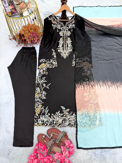 Designer Satin Rayon Straight Suit with Embroidered Cutwork &amp; Shaded Dupatta