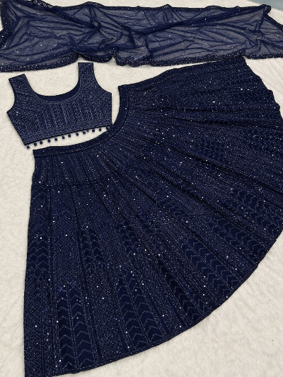 Partywear Navy Blue Sequins Work Lehenga Choli Set UK Next Day