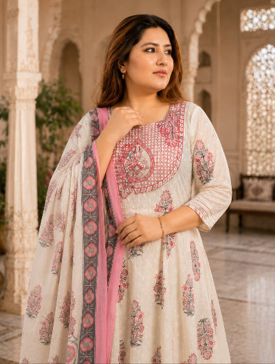Plus Size Women Cream Pink Cotton Anarkali Dupatta Set of 2