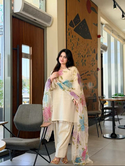 Ivory Cream Crepe Farshi Suit Set with Floral Organza Dupatta