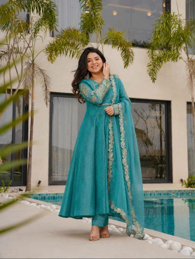 Teal Blue Embroidered Crunchy Silk Anarkali Suit for Women