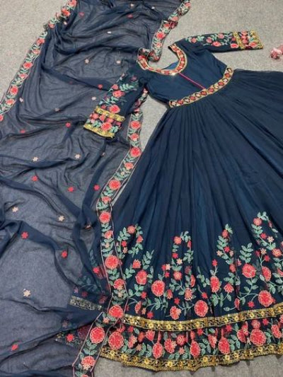 Teal Blue Embroidery Work Full Length Gown Dupatta Set of 2